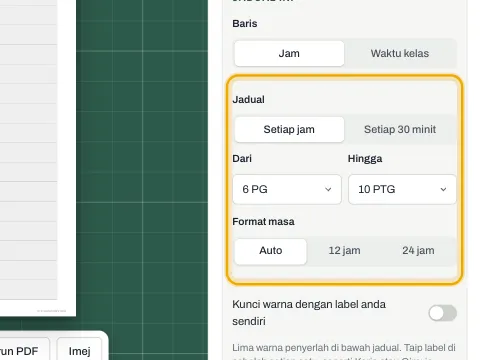 Tetapan jadual untuk slot, jam pertama dan terakhir serta format masa.