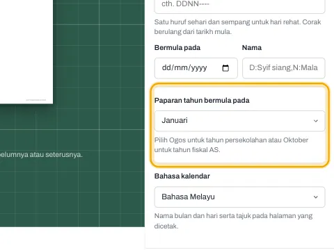 Tetapan untuk memilih bulan permulaan paparan tahun.