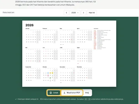 Butang Cetak dan Muat turun PDF di bawah kalendar tahunan.