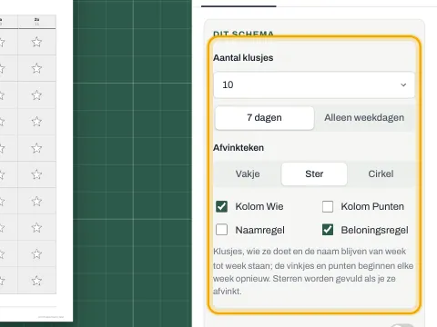De schemainstellingen met opties voor het teken, punten, naam en beloning.
