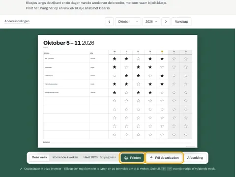 De knoppen Printen en Pdf downloaden onder het klusjesschema.