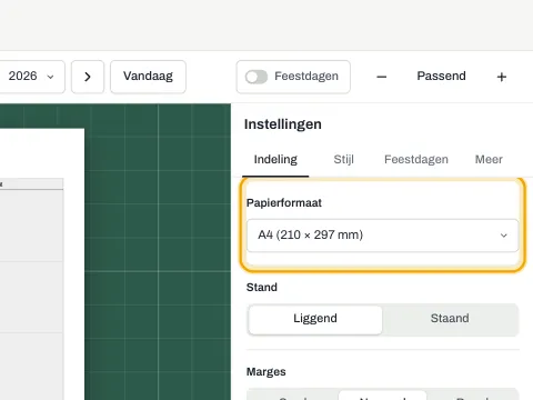 De instelling voor het papierformaat, met de standknoppen eronder.