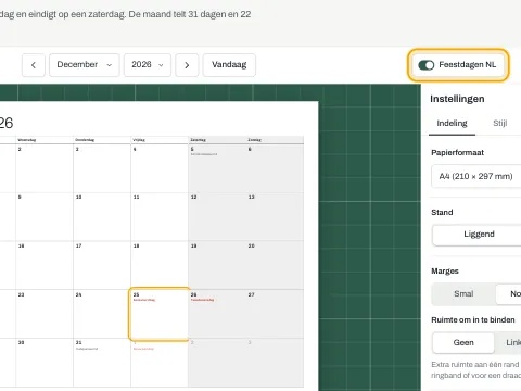 De schakelaar Feestdagen staat aan, met een feestdag gemarkeerd in de kalender.