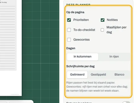 De plannerinstellingen met prioriteiten, notities, checklist, maaltijden en gewoontes.