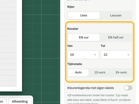 De roosterinstellingen voor de tijdvakken, het eerste en het laatste uur en de tijdnotatie.