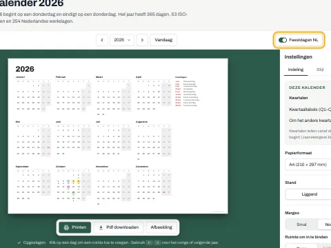 Een jaarkalender met de feestdagen gemarkeerd en naast de maanden vermeld.