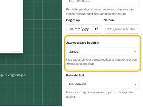 De instelling waarmee je de maand kiest waarin de jaarweergave begint.