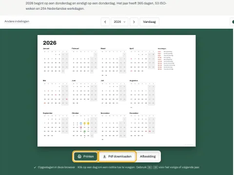 De knoppen Printen en Pdf downloaden onder de jaarkalender.