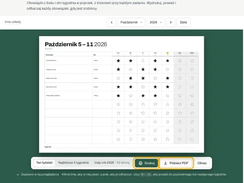 Przyciski Drukuj i Pobierz PDF pod tabelą obowiązków domowych.