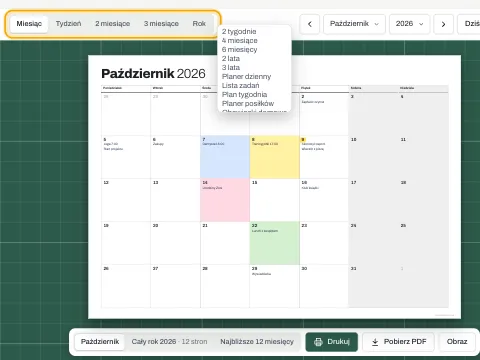 Przyciski układu z otwartą listą Więcej, pokazującą planery i inne układy.