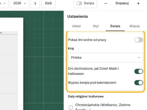 Ustawienia świąt z listą krajów i przełącznikiem dni obchodzonych.