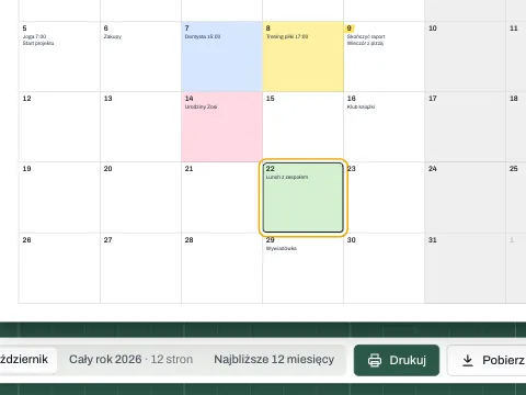 Kalendarz miesięczny z notatkami i kolorowymi wyróżnieniami w kilku dniach.