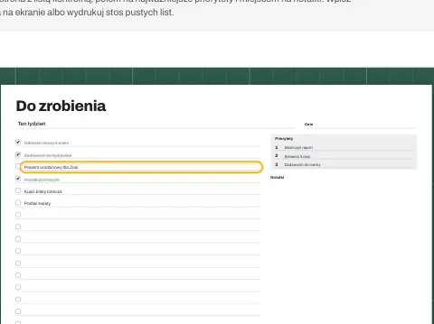 Lista zadań z wpisanym tytułem, trzema priorytetami i zadaniami.
