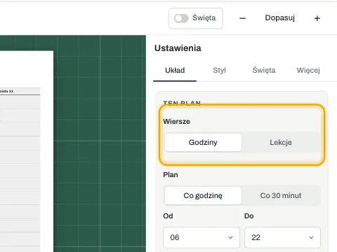 Ustawienie, które przełącza wiersze między godzinami a lekcjami.