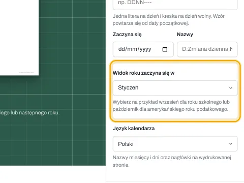 Ustawienie, które wybiera miesiąc rozpoczynający widok roku.