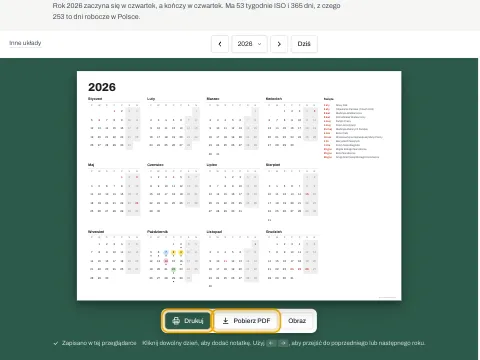 Przyciski Drukuj i Pobierz PDF pod kalendarzem rocznym.