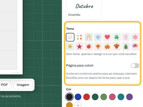O seletor de temas com temas sazonais como Halloween, Natal e primavera.