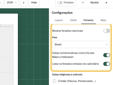 As configurações de Feriados com a lista de países e a chave de datas comemorativas.