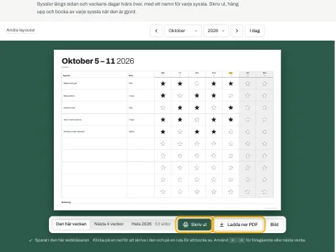 Knapparna Skriv ut och Ladda ner PDF under sysslotavlan.