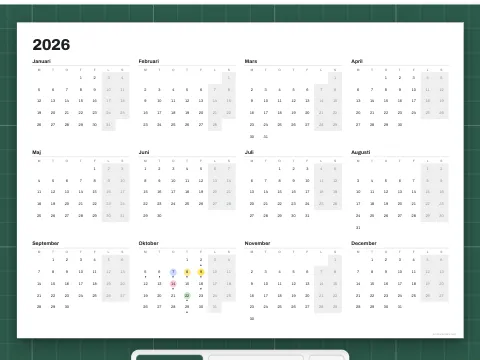 En årskalender med alla tolv månader på en sida.
