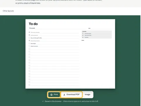 The Print and Download PDF buttons under the to-do list.