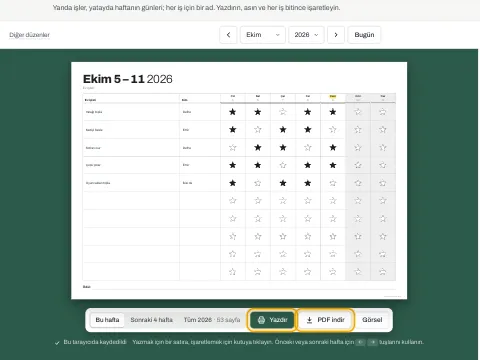 Ev işleri çizelgesinin altındaki Yazdır ve PDF indir düğmeleri.