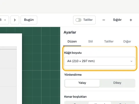 Kâğıt boyutu ayarı ve altında yön düğmeleri.