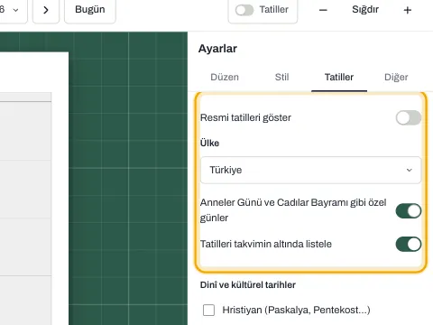 Ülke listesi ve özel günler anahtarıyla Tatiller ayarları.