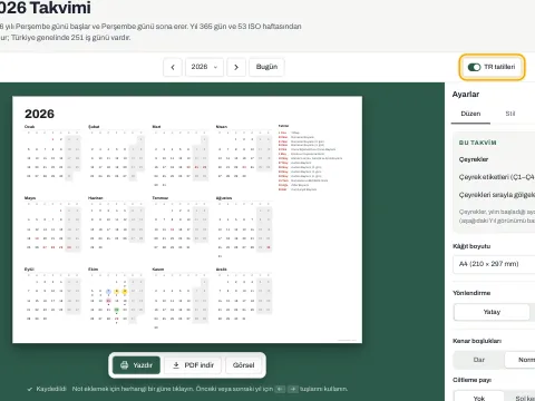 Resmi tatilleri işaretli ve ayların yanında listelenmiş yıllık takvim.