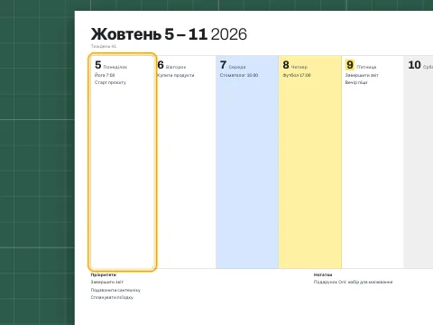 Тижневий планер із планами, записаними в кількох днях.