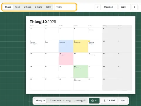 Các nút bố cục phía trên lịch: Tháng, Tuần, 2 tháng, 3 tháng, Năm và Thêm.