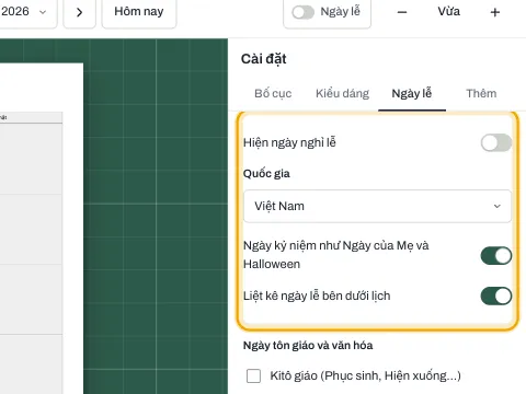 Cài đặt Ngày lễ với danh sách quốc gia và công tắc ngày kỷ niệm.