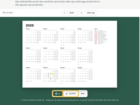 Các nút In và Tải PDF bên dưới lịch năm.