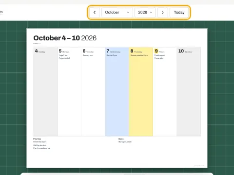 The week navigation above a weekly planner page.