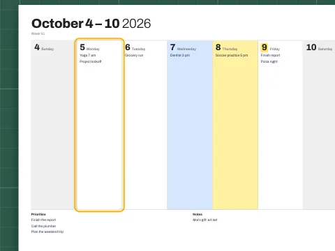 A weekly planner with plans typed under several days.