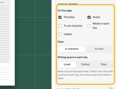 The planner settings with priorities, notes, checklist, meals and habits.