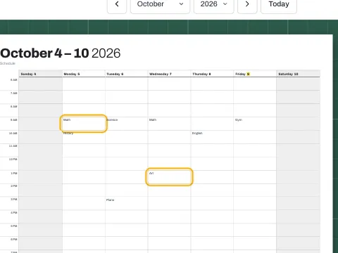 A weekly schedule with classes typed into the time slots.