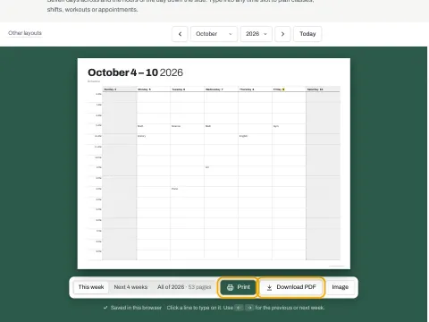 The Print and Download PDF buttons under the weekly schedule.