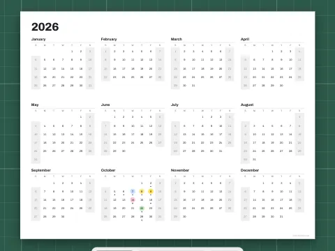 A yearly calendar with all twelve months on one page.
