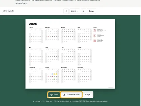 The Print and Download PDF buttons under the yearly calendar.
